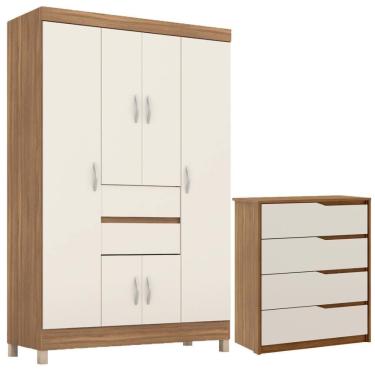 Imagem de Kit Guarda Roupa Solteiro 6 Portas Ecom Ii Cômoda Atria Amêndola Touch Off White