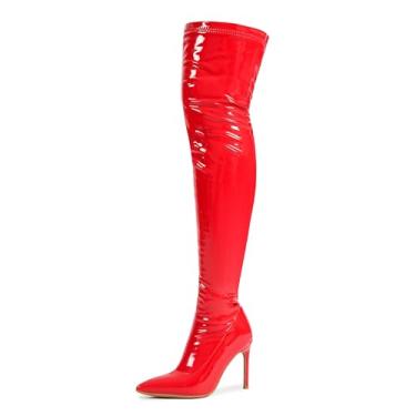 Imagem de fereshte Botas femininas de cano alto, bico fino, salto alto acima do joelho, moda confortável e sexy, Vermelho, 35