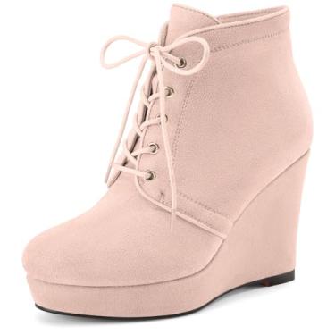 Imagem de Perisis Botas femininas de cano curto plataforma plataforma bico redondo cadarço salto cunha botas patentes botas sociais 10 cm sapatos confortáveis, Camurça - rosa bebê, 36