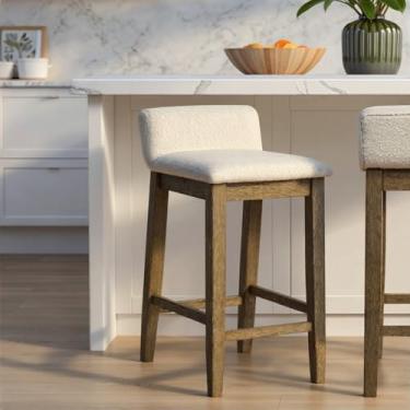 Imagem de Annikah Banqueta moderna de transição de madeira para cozinha com acabamento marrom e assento estofado de tecido branco