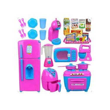 Imagem de Mini Cozinha Infantil com Fogão, Geladeira e Armário, Rosa e Branca, Plástico, 35x11x44cm, com 12 Acessórios, para Crianças a partir de 3 Anos