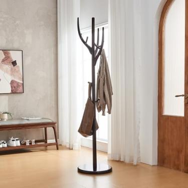 Imagem de Cabide de madeira maciça independente – Cabide de madeira para salão de árvores, resistente, com 11 ganchos, suporte independente para quarto, entrada, corredor, sala de estar (nogueira escura)