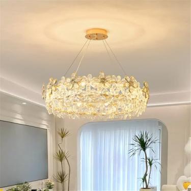 Imagem de Lustre moderno e luxuoso com pingente de cristal em formato de pétala, LED, ideal para decoração de sala de estar, restaurante, bar, balcão, quarto, casa de campo e escada (B 1 Ring D80CM)
