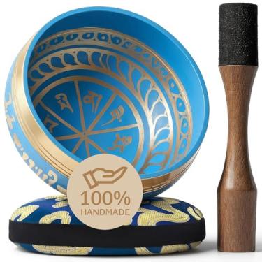 Imagem de Conjunto de tigela de canto tibetana – Tigela de som autêntica sintonizada à mão para meditação – Kit completo de tigela de meditação com almofada, martelo e guia – Sino tibetano perfeito para ioga
