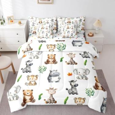 Imagem de Erosebridal Jogo de lençol solteiro Wildlife Bed in A Bag | Jogo de edredom de caça na selva com 7 peças, folha de zoológico, animais selvagens, hipopótamo, tigre, zebra, urso, elefante, girafa