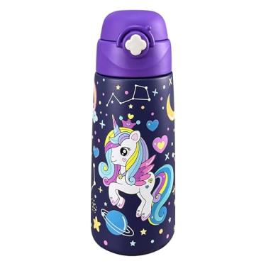 Imagem de Garrafa de água isolada para meninas com canudo pop-up coberto, copos infantis de 473 ml com aço inoxidável à prova de vazamento para escola (unicórnio-roxo)