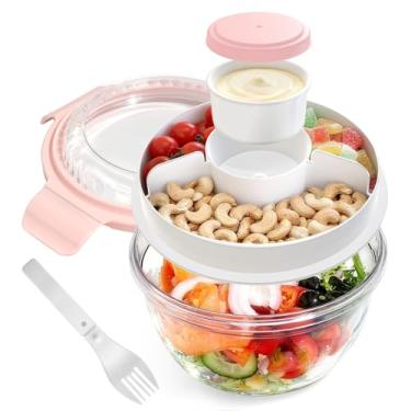 Imagem de WHALEHOUSE Recipiente de salada ECOZEN PCTG ecológico transparente, tigela de salada de plástico durável de 945 ml com tampa e bandeja de lanches, recipiente de molho à prova de vazamento, garfo