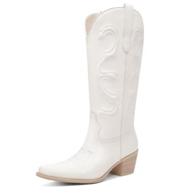 Imagem de GPXGPX Botas femininas caubói bordadas Cowgirl, cano médio, salto grosso, sem cadarço, botas ocidentais, Branco, 37