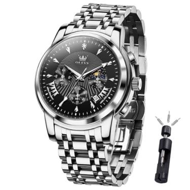 Imagem de OLEVS Relógio masculino Wacthes, relógio de pulso masculino luxuoso de quartzo com pulseira de aço inoxidável, à prova d'água, luminoso para dia, data, mostrador dourado/azul/branco/prata, 2892 -