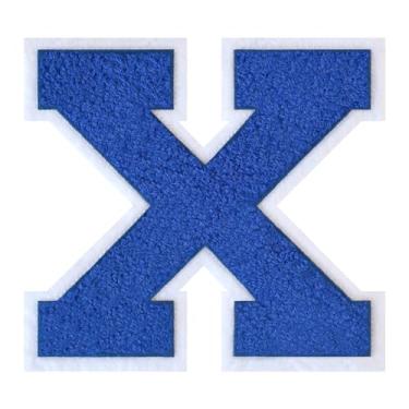 Imagem de 1 Patch de letra de chenille azul de 15 cm com borda branca – Adesivos do alfabeto para roupas, jaquetas, mochilas, chapéus para decoração personalizada, nome personalizado e artesanato. (X)