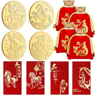 Imagem de Acewen Presentes de Ano Novo Chinês, Cartão de Felicitações de Ano Novo com Envelope e Personagem Fu Sacos de Cordão Moeda da Sorte para Presentes Chineses Cartão de Ano Novo 2026, Ouro