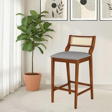 Imagem de Banqueta Lagum Conforto Estofada Jequitibá Natural Linho Cinza Palha Sextavada