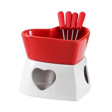 Imagem de Copo De Fondue | Aquecedor Em Forma De Coração - Canecas De Cerâmica Para Chocolate Com 4 Garfos | Para Queijo Marshmallow Manteiga Sobremesa Bebida Casamento Aniversário