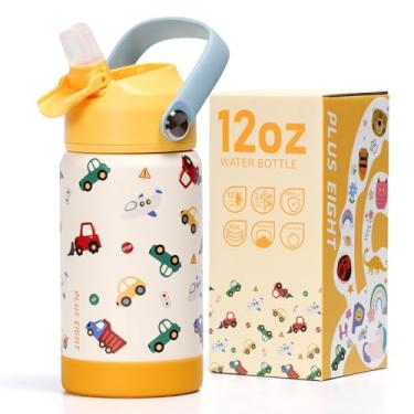 Imagem de pluseight Garrafa de água infantil isolada com tampa de palha, copo de aço inoxidável 18/8 à prova de vazamento com canudo para viagens escolares meninos e meninas (carros amarelos)