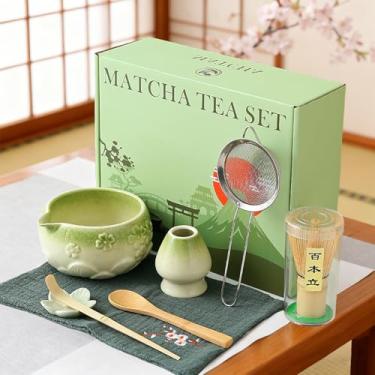 Imagem de Conjunto de 8 batedores Matcha, kit verde Matcha com padrão de flor de cerejeira em relevo, inclui tigela com bico, batedor de bambu, suporte de cerâmica, colher de bambu x2, descanso de colher