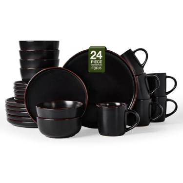 Imagem de Famiware Conjunto de louça Mercury com canecas, serviço para 6 (24 peças), conjuntos de pratos e tigelas de grés, conjunto de pratos para micro-ondas e lava-louças, preto fosco
