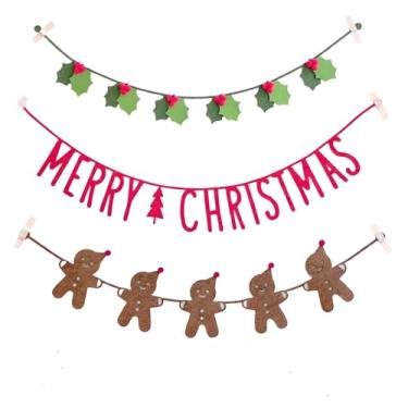 Imagem de KUNGOON Conjunto de faixa de Natal, letras vermelhas de Feliz Natal com homens de gengibre e guirlanda de folhas de azevinho, decoração de festa de Natal de feltro de lã, 3 cordas.