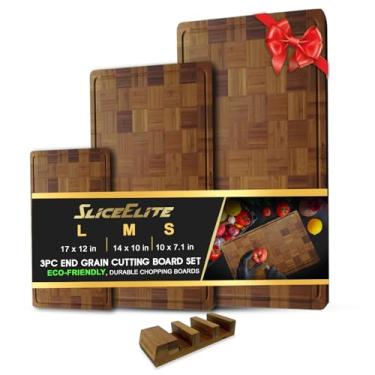 Imagem de SliceElite Conjunto de tábua de corte de bambu extragrande de 3 peças de tábua de cortar madeira de grão final com suporte, pés antiderrapantes, sulco de suco, acabamento pré-oleado, GG, tábuas de