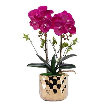Imagem de Conjunto de flores artificiais, flores artificiais Phalaenopsis com plantador, orquídea artificial grande em vaso, flor falsa para sala de estar