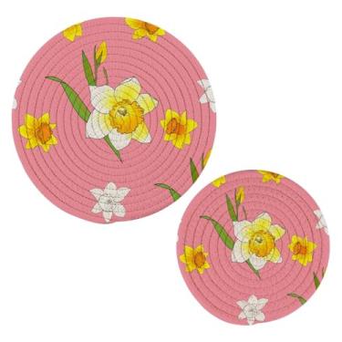 Imagem de Wassud Conjunto de trivet para narcisos vibrantes para pratos quentes, suportes redondos de panela, almofadas quentes de algodão, porta-copos resistentes ao calor para decoração de cozinha, bancada, 2