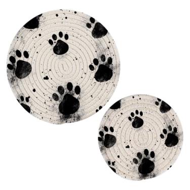 Imagem de Wassud Conjunto de tripé preto com estampa de pata para pratos quentes, suportes redondos de algodão, almofadas quentes, porta-copos elegantes, decoração de cozinha e acessórios, 2 peças