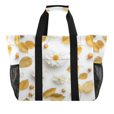 Imagem de Wassud Sacolas de compras reutilizáveis de dália branca e folhas grande bolsa organizadora de lona impermeável para praia, piquenique, lavanderia, viagem