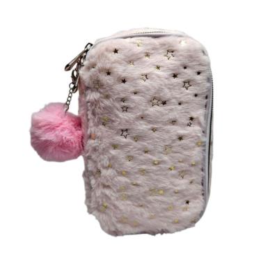 Imagem de Estojo Escolar Pelúcia Rosa Pastel Estrelas Fofo Grande Leve Colorido Box Lápis Caneta Aula Material