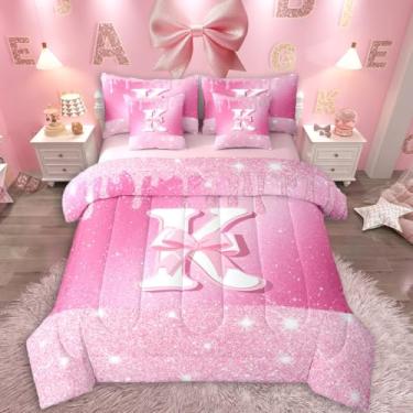 Imagem de Feelyou Conjunto de edredom com laço rosa, 7 peças, Queen, iniciais, presente para mulheres, meninas, letra K, cama em uma bolsa, monograma, para decoração de quarto, brilhante, diamante, leve