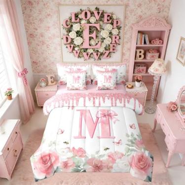 Imagem de Erosebridal Conjunto de edredom King com laço de princesa, 7 peças, letra M, monograma, flor rosa, para crianças e adultos, conjunto de cama reversível com laço e laço de princesa
