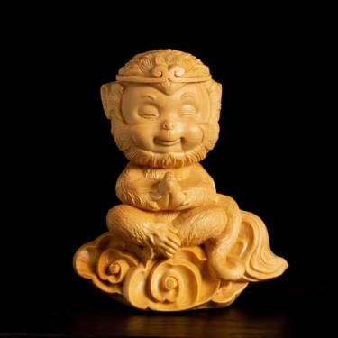 Imagem de FENNYYAR Escultura de buxo Monkey King Sun Wukong Estátua, 7 cm, 7 cm, coleção de sala de estar, ornamentos para presente