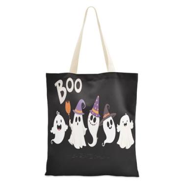 Imagem de JUZIHAI Sacola de lona de Halloween, bolsa temática reutilizável Halloween Boo com bolso interno, bolsa de viagem para festa de compras de grande capacidade