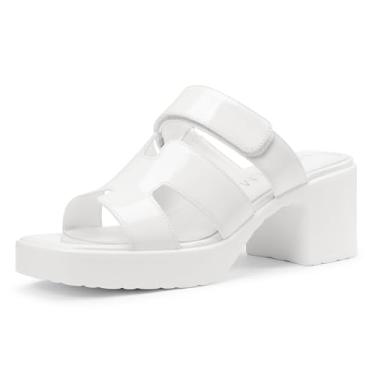 Imagem de HDEUOLM Sandália feminina salto plataforma bloco grosso bico quadrado sapato mules sapato casual básico clássico salto 2,6 polegadas, Branco, 38