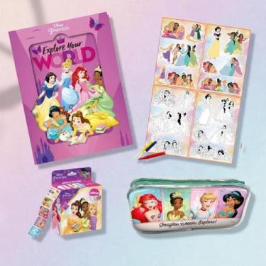 Imagem de Kit Material Escolar Princesas Disney Diário Magnético Estojo Rolo de 