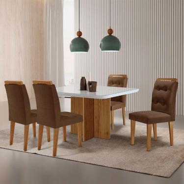 Imagem de Mesa De Jantar Olímpia 90cm Mdf Vidro 4 Cadeiras Carol Veludo Marrom/off White/imbuia