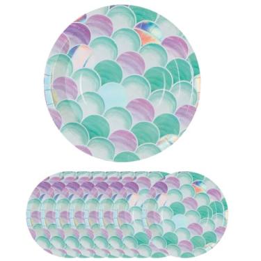 Imagem de Fun Express Pratos de jantar de papel com bolhas brilhantes de sereia - Multicolorido Sereia Sobremesa Festa Utensílios de Mesa Descartáveis - Chá de Meninas Mar Iridescente Tema Sereia Oceano