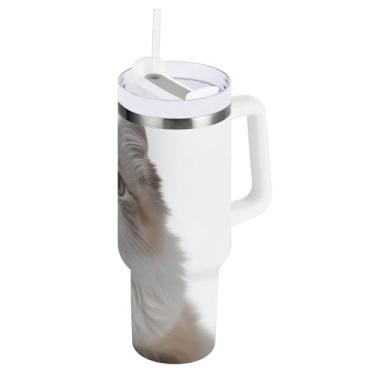 Imagem de Copo isolado branco gato de 850 g com alça e canudo, copo com isolamento duplo com tampa 2 em 1