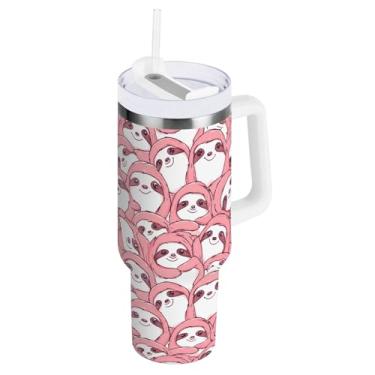 Imagem de ODAWA Cute Sloth Pink Copos de isolamento duplo com alça e canudo, garrafa de água isolada 1,134 g