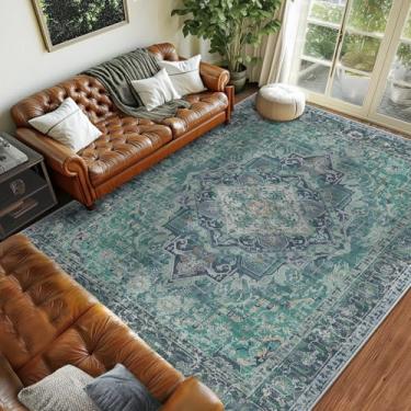 Imagem de CAPALOCA Tapete de área 20 x 25 cm Boho lavável à máquina tapete de sala de estar antiderrapante pilha baixa estampa vintage tapete macio envelhecido para quarto sala de jantar azul