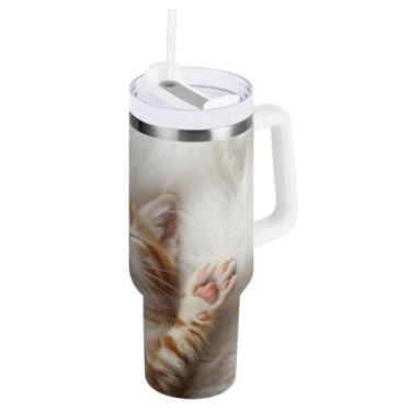 Imagem de Copo grande de aço inoxidável isolado branco gatinho com tampa e canudo copos isolados para viagem