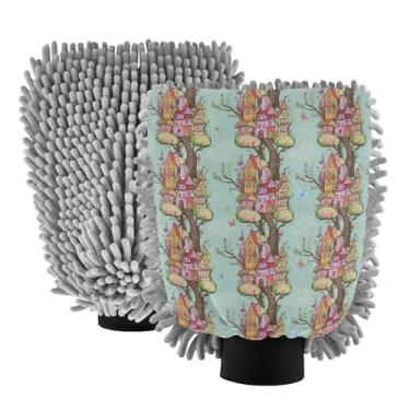 Imagem de ODAWA Luva de limpeza de carro chenille, luva de lavagem de carro de microfibra dupla face durável com 2 pacotes, casa de árvore de desenho animado, tamanho G 20,5 cm x 30 cm