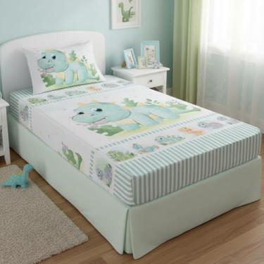 Imagem de Jogo de Lençol Solteiro Menino 2 peças Lençol Elástico com Fronha Estampada Dino