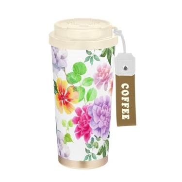 Imagem de Caneca de viagem de café 16+ Oz, copo de café de viagem com revestimento cerâmico com canudo e tampa, copo isolado a vácuo de aço inoxidável, flores em aquarela rosa pastel