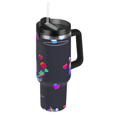 Imagem de Joisal Copos pretos futuristas de unicórnio de desenho animado com tampa e canudo copo térmico de 850 g com alça garrafas de água isoladas carros de aço inoxidável xícara de café bebida quente