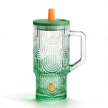 Imagem de Mualuwi Copo de 590 ml com alça, copos de vidro com tampas e canudos, à prova de vazamento, sem BPA, verde