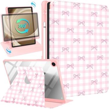 Imagem de Uppuppy Capa para Samsung Galaxy Tab A9+ – Capa inteligente com suporte giratório 360 com suporte para lápis para mulheres e meninas, laço rosa quadriculado para tablet Samsung A9 Plus de 11 polegadas