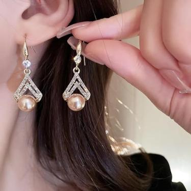 Imagem de Brincos de pérola para mulheres - Brincos de pérola banhados a ouro 14 K, brincos pendentes de zircônia cúbica, brincos elegantes para noivas, joias modernas