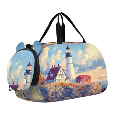 Imagem de Bolsa esportiva para meninos com estampa floral de caveira colorida, bolsa de viagem para viagem, Farol em aquarela litorânea, Clássico