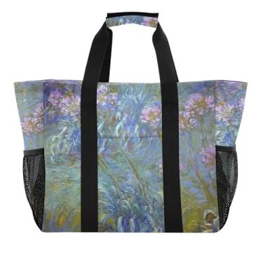Imagem de Bolsa reutilizável de piquenique à prova de areia Claude Monet pintura agapanthus bolsas de praia femininas impressão moderna verão mãe sacola embalável