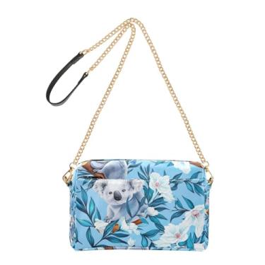 Imagem de Joitme Bolsa transversal para mulheres, bolsa para celular, bolsa de ombro de couro sintético com alça de corrente, coalas fofas, flores brancas, azul