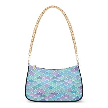 Imagem de Bolsa de ombro azul com escamas de sereia em aquarela, bolsa de mão Hobo moderna para mulheres, bolsa de mão média fofa para uso diário e festa